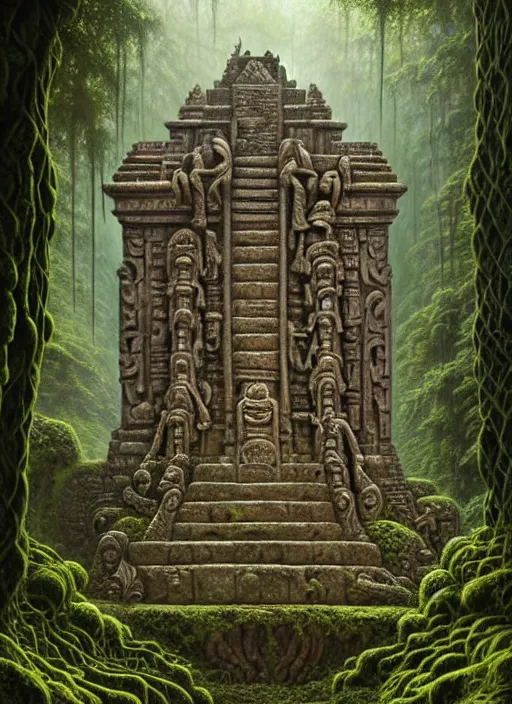 Image similar to inca temple stone carvings lost in the jungle, intricate, mossy, overgrown, elegant, highly detailed, centered, digital painting, artstation, concept art, smooth, sharp focus, illustration, artgerm, tomasz alen kopera, peter mohrbacher, donato giancola, joseph christian leyendecker, wlop, boris vallejo