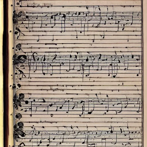 Prompt: music score drawn by botticelli, opera, symphony, musical notes, musical score, detailed