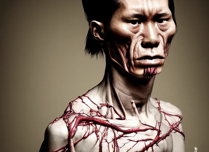 Image similar to mid shot portrait of samurai with invisible skin, visible bones and muscle and veins and nerves and internal organs, in the style of david cronenberg, high fashion, id magazine, realistic, sharp focus, 8 k high definition, film photography, photo realistic, insanely detailed, by david kostic and stanley lau and artgerm