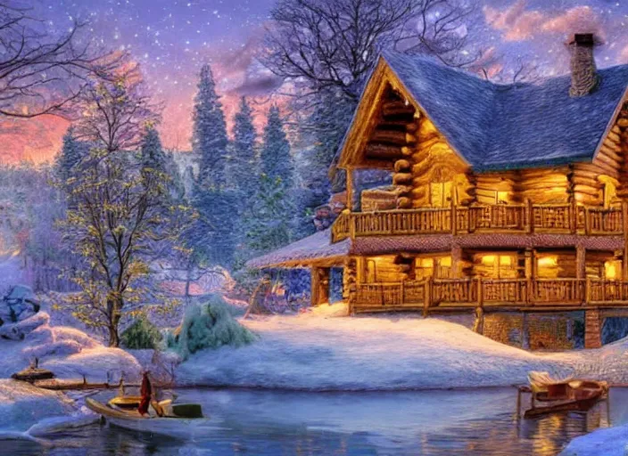 Image similar to beautiful cabin on a lake in the winter, 8 k, matte painting, in the style of artist, josephine wall