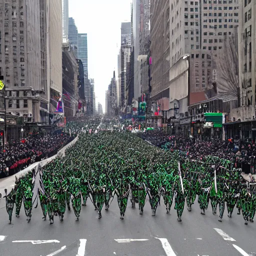 Prompt: a parade of the dead marching down 5 th ave manhattan on st. patrick's day, 8 k, photo realistic, extremely life like