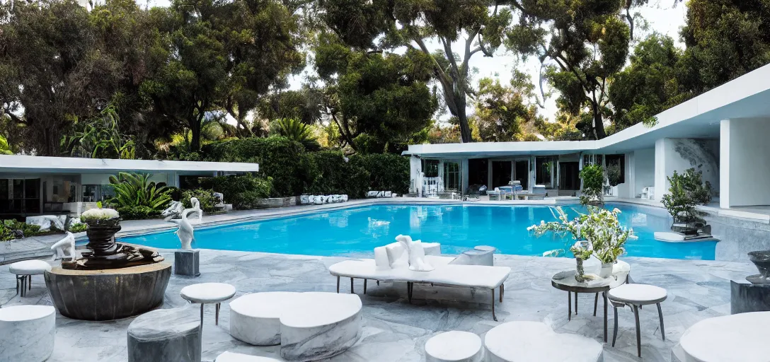 Prompt: hollywood cocktail party at greek - inspired midcentury house with marble columns. statue of venus in backyard overlooking decorative neptune pool with blue and white tiles. built in 1 9 5 9 in hollywood hills.