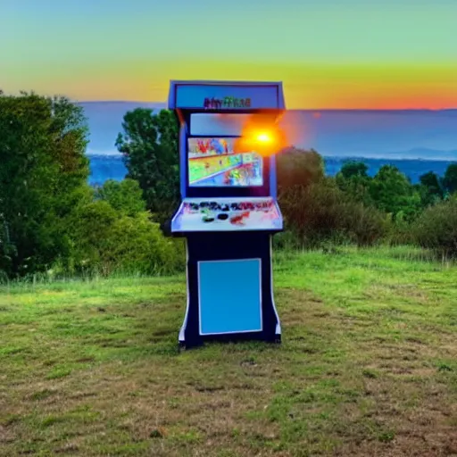 Prompt: An arcade machine on top of hill with the sunset in the background