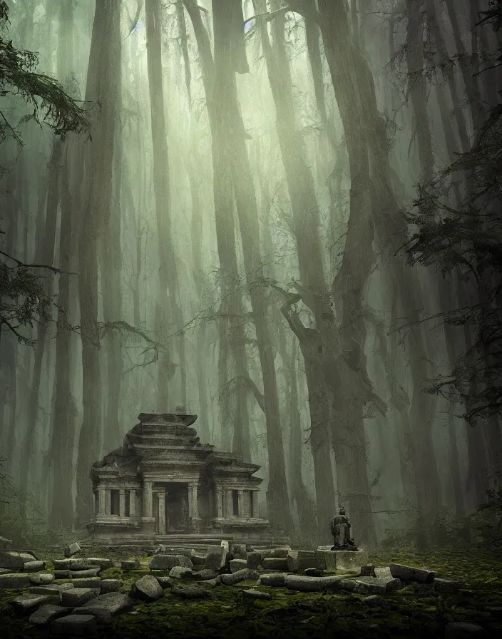 Prompt: an ancient temple with statues lost in a gigantic forest by ivan dedov, painting, cinematography, epic lighting, volumetric, fog,