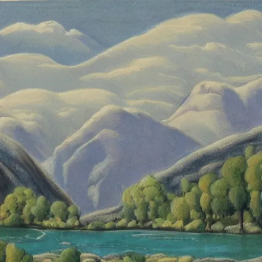 Image similar to magnificent by constantin joffe celadon. drawing. a landscape of a mountainous area with a river running through it. there are trees & plants in the foreground, & the mountains are in the background.