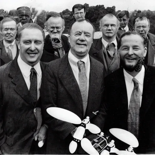 Image similar to vintage photograph of a close-up on a group of business men surrounded by drones, in a dump field, in the style of Terry Gilliam