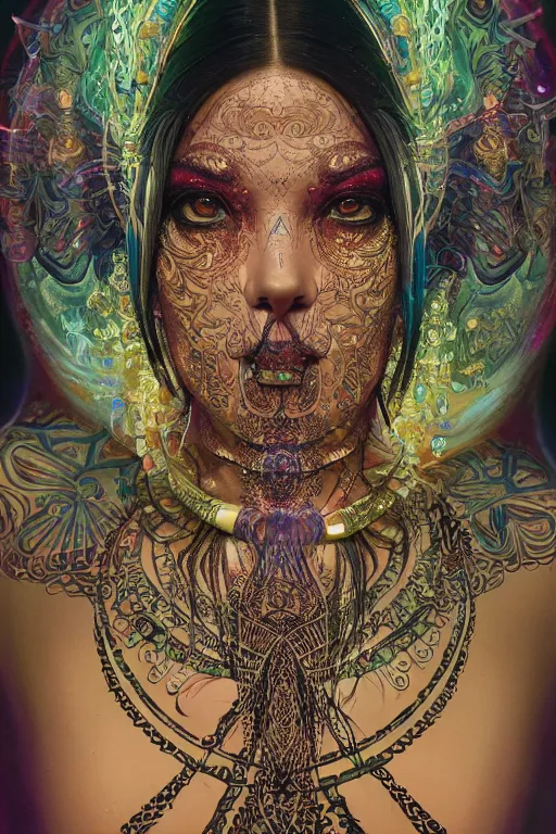 Prompt: a centered render of an mytical festival hippy with tribal tattoos wearing intricate metallic clothing surrounded by a underwater ink pour and flowing liquid gallium and sacred geometry, perfect body and face, gorgeous, cinematic, beautifully lit, by noriyoshi ohrai, by karol bak, by donato giancola, 3 d, trending on artstation, octane render, 8 k