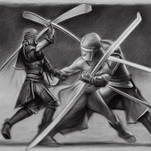 Image similar to hero fighting against two swordsmen in the middle of an arena, pencil art, added detail, high definiton