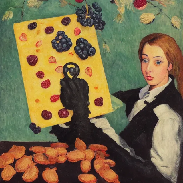 Prompt: tall emo female artist holding pancakes, in chippendale sydney, gold bars, maple syrup, snails, berries, pigs, octopus, acrylic on canvas, surrealist, by magritte and monet