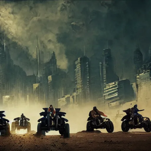 Image similar to four judges on big motorcycles from Judge Dredd riding across the Cursed Earth with a trail of dust behind them, and the ruins of Minneapolis ahead. Hyperrealistic, Blade Runner 2047, artstation, movie poster art