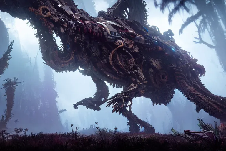 Image similar to wide epic shot from horizon forbidden west. a hyper detailed organic mechanic creatuve realistic similar look as horizon forbidden west horizon zero dawn, bioluminiscence in a dark deep forest at dawn in spring, with reflection and textures, by kilian eng, substance painter reaslitic mech surface metal painted scratches, world env from horizon forbidden west horizon zero dawn