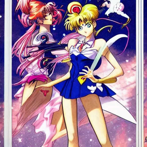 Image similar to sailor moon fighting by yoshiyuki sadamoto, gainax