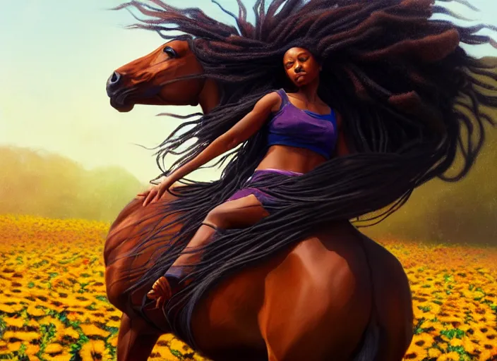 Image similar to full body portrait of young black woman riding a horse, flowing dreads, beautiful clydesdale, field of colorful flowers, highly detailed, digital painting, artstation, concept art, smooth, sharp focus, illustration, face by wlop, illustrated by mars ravelo and greg rutkowski