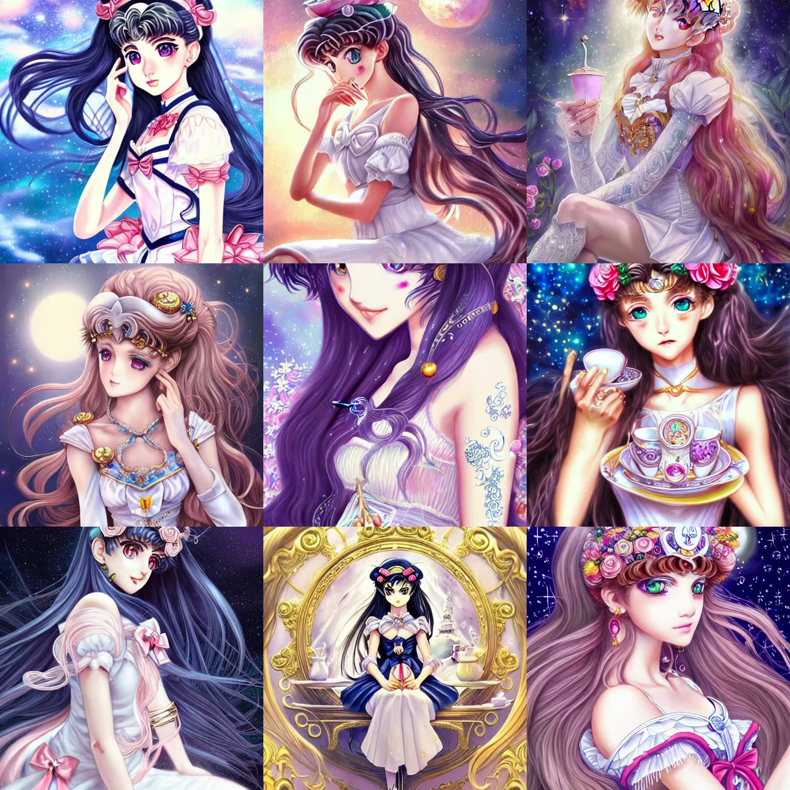Prompt: beautiful detailed sailor moon aesthetic, beautiful detailed fantasy, beautiful detailed intricate, beautiful detailed elegant, highly detailed, beautiful detailed digital painting, artstation, beautiful detailed concept art, matte, sharp focus, highly detailed illustration, a beautiful girl with long dark hair and bangs, wearing a white dress, sitting alone in a cafe, highly intricate detailed art by Artgerm and Greg Rutkowski and Alphonse Mucha