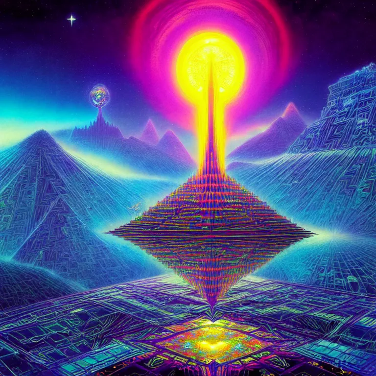 Prompt: mysterious satellites over epic mystical crystal temple, infinite fractal tesseract, quantum waves, synthwave, bright neon colors, highly detailed, cinematic, tim white, vladimir kush, jim burns, bob eggleton, philippe druillet, kubrick, aubrey beardsley, michael whelan, alfred kelsner, boris vallejo