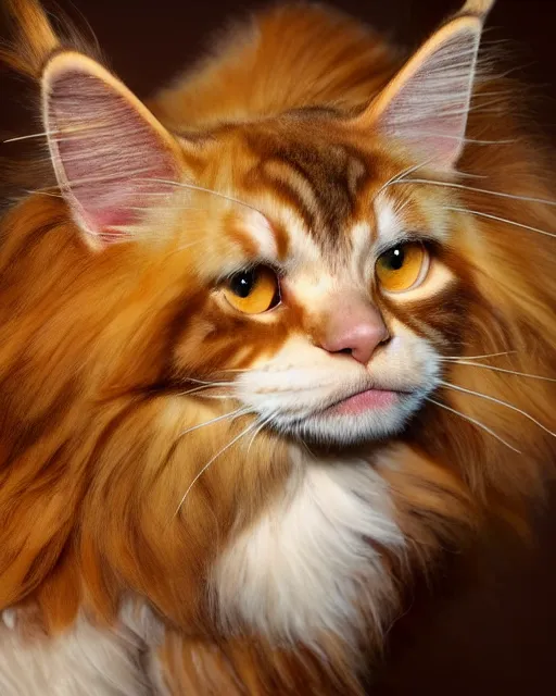 Prompt: beautiful maine coon as honey, made of honey, wearing honey - themed miniskirt, award winning creature portrait photography, extremely detailed, artstation, 8 k, sensual lighting, incredible art, wlop, artgerm, backlit, rim lighting, hi - fructose