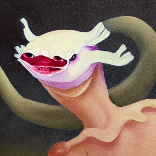 Prompt: Creepy painting of anthropomorphic axolotl