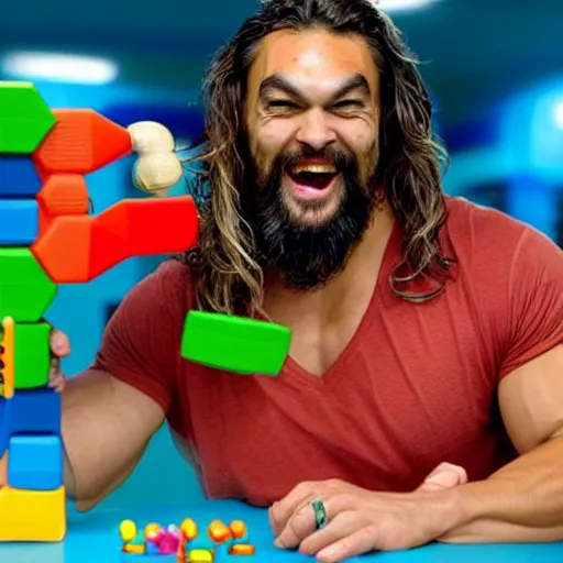 Image similar to A still of a happy, excited Jason Momoa playing with a Fisher-Price stacking toy in a toy commercial, 4k resolution, hyperdetailed, studio lighting