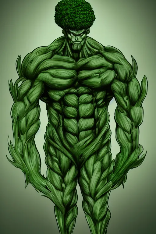 Image similar to ripped broccoli man, full body, human figure, highly detailed, digital art, sharp focus, trending on art station, anime art style