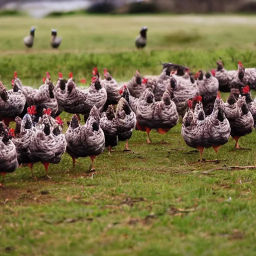 Image similar to an army of chickens in soldier outfits ready to charge