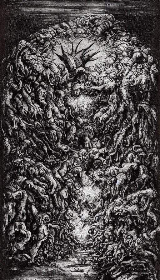 Prompt: a storm vortex made of many demonic eyes and teeth over a forest, by leonardo da vinci