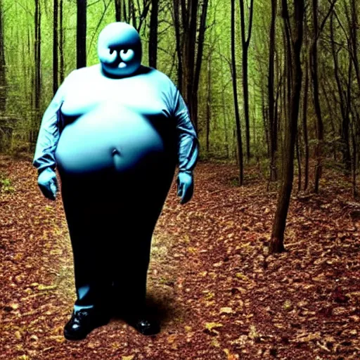 Image similar to overweight slenderman in the woods.