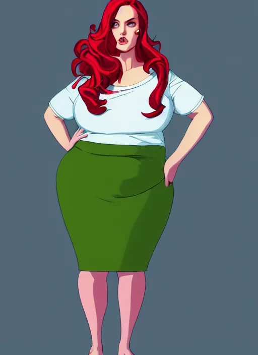 Image similar to full body portrait of teenage cheryl blossom, obese, bangs, green eyes, sultry, realistic, red hair, sultry smirk, wavy hair, pink skirt, fat, intricate, elegant, glowing lights, highly detailed, digital painting, artstation, concept art, smooth, sharp focus, illustration, art by wlop, mars ravelo and greg rutkowski