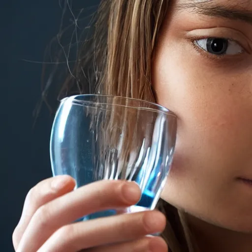 Prompt: close - up of a glass of water held by a young teenage girl with brown hair from behind in a modern kitchen, sigma, unframed, realistic face