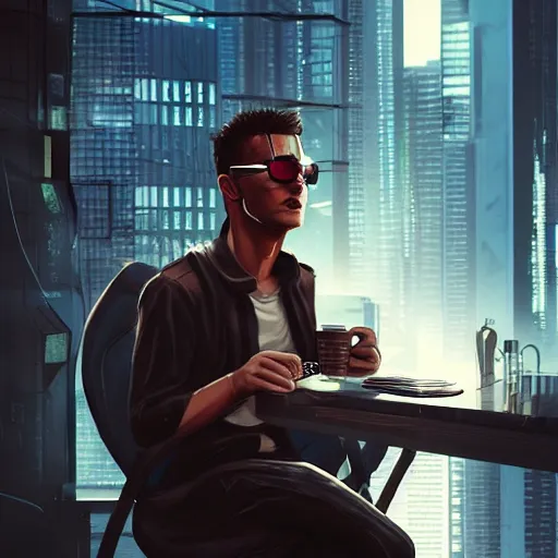 Image similar to portrait of a handsome software developer having a cup of coffee. cyberpunk style, digital art artstation cgsociety