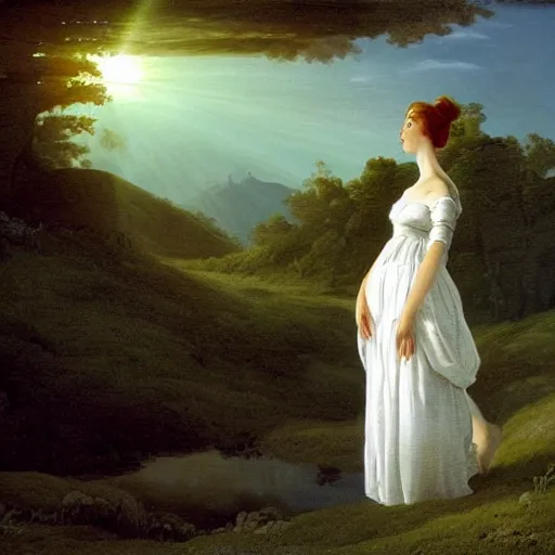 Prompt: a beautiful painting of a woman in a white cotton dress pondering life as she watches the sun set, nature, deviantart, fantasy art, sunrays shine upon it, deviantart, mystical, art style by claude joseph vernet and caspar david friedrich
