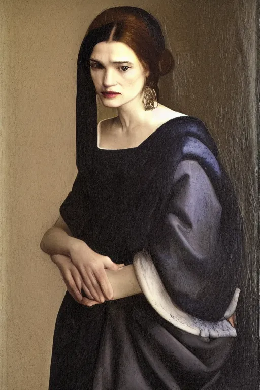 Prompt: portrait en buste of rachel weisz by johannes vermeer