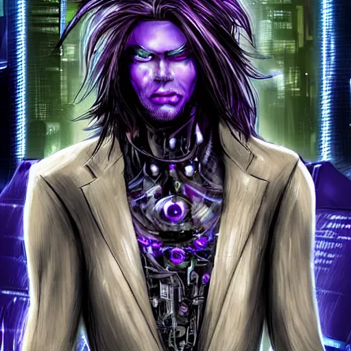 Image similar to long haired man with extremely large and intricate eye cyberpunk bionics with angry purple eyes and slim features looking askance,