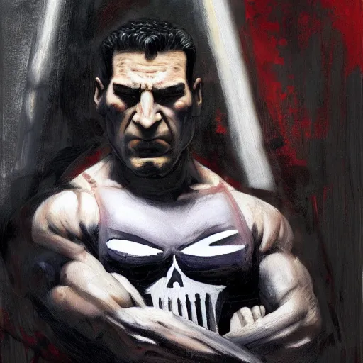 Image similar to mitch fatel as the punisher, painting by frank frazetta, highly detailed, high quality, 8 k, soft lighting, realistic face, path traced