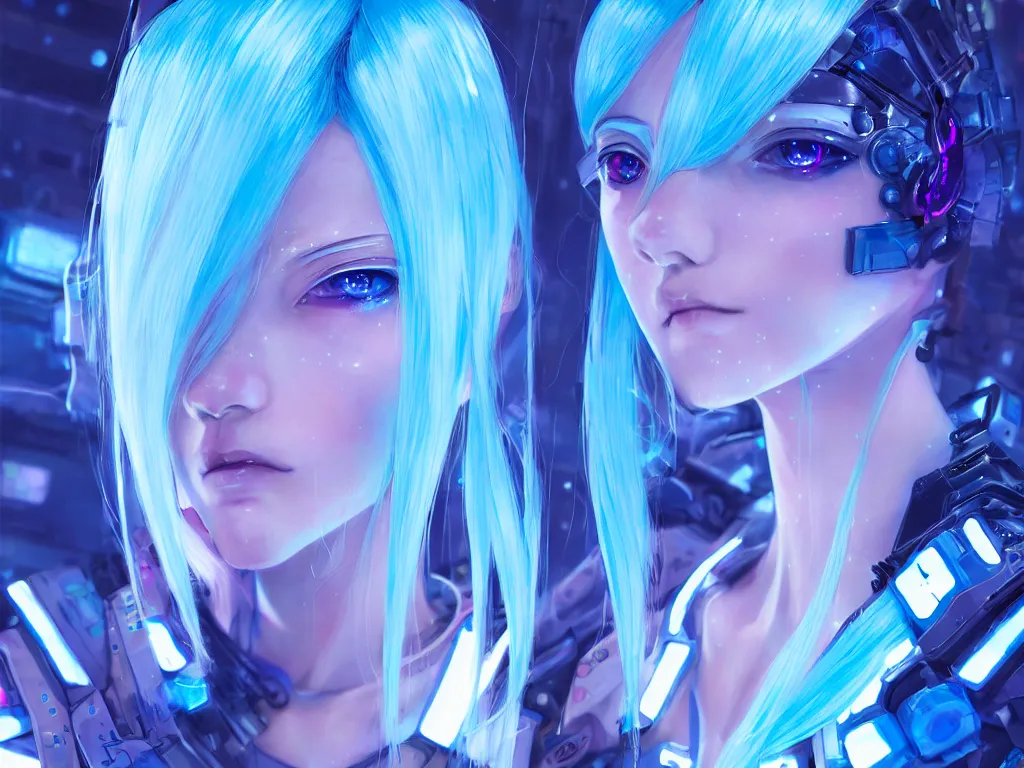 Image similar to portrait light blue hair anime visual futuristic female cyber airforce, on cyberpunk neon light tokyo rooftop, ssci - fi and fantasy, intricate and very beautiful, human structure, concept art by kyoto studio, sharp focus, anime fantasy illustration by rossdraws and magali villeneuve and liya nikorov and luxearte, frostine engine