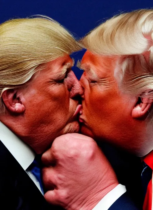 Image similar to beautiful high quality photo of donald trump kissing donald trump. hq. donald trump and donald trump kissing. two donald trumps kissing each other.