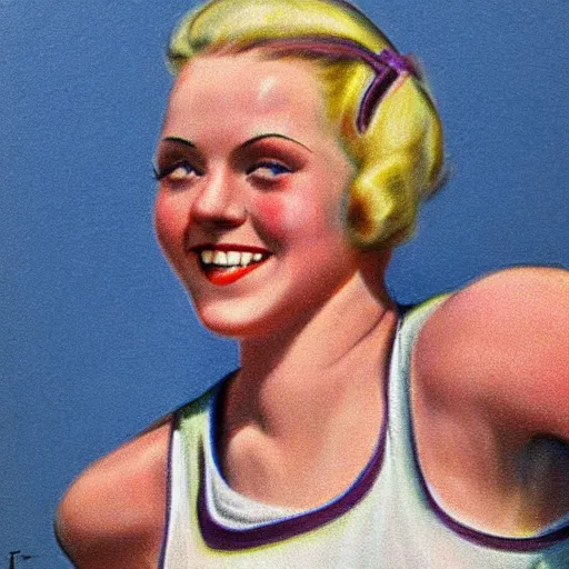 Image similar to a 1 9 3 0 s portrait. happy, healthy, beautiful, smiling, young, sporty, blonde woman in decent athletic wear. hyper - realistic detailed color drawing