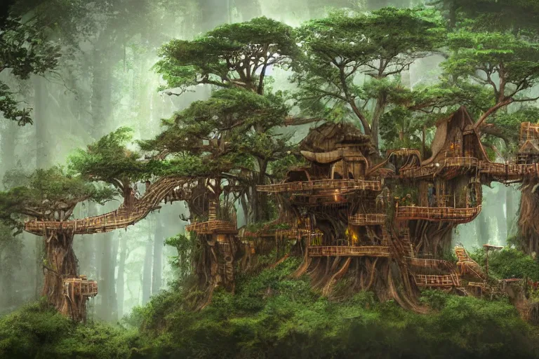 Image similar to various treehouses mounted on giant redwood tree trunks, interconnected by rope bridges, fantasy setting, dense vegetation, very detailed, d & d concept art, 4 k