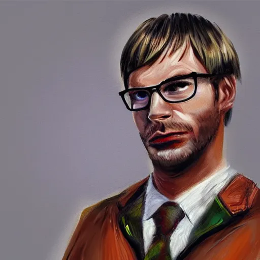 Image similar to jeffrey dahmer using gucci inmate clothes in catwalk court, oil painting, ultradetailed, digital painting, ultradetailed