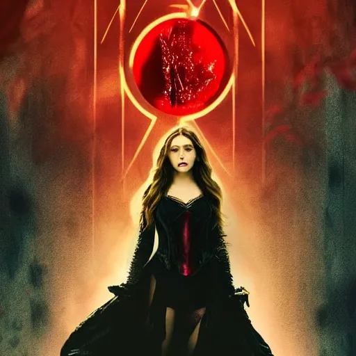 Prompt: movie poster'the scarlet witch'starring elizabeth olsen [ wearing heavily dark emo makeup ]!!, 4 k quality, pinterest movie cover, trending on unsplash