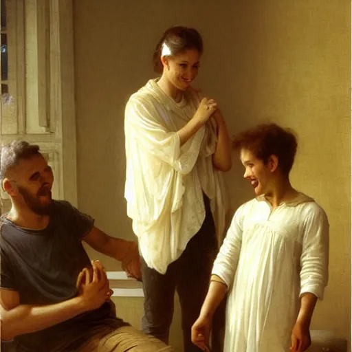 Prompt: a male patient at home with his wife and son standing by. happy, cheerful, smiling, intricate, face enhance, sharp focus, cinematic lighting, sharp focus, featured in artistation, 8 k, art by greg rutkowski, william adolphe bouguereau