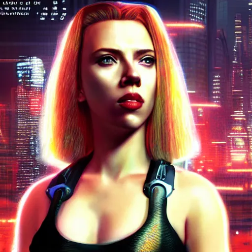 Image similar to scarlett johansson in cyberpunk, render