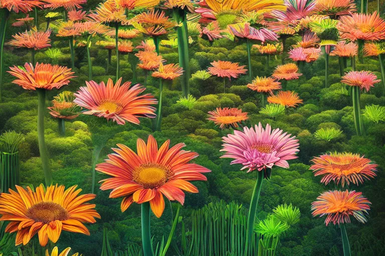 Image similar to beautiful field of giant gerber daisy flowers digital illustration by dr. seuss : 1 | colorful surreal psychedelic megaflora forest by beeple : 1