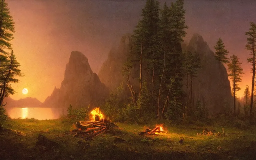 Image similar to small wood cabin with a small campfire on the edge of a forest overlooking a beautiful valley at dusk, sunset in the distance, mountainous backdrop, cinematic lighting, intricate ink illustration, by albert bierstadt