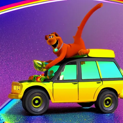scoobydoo doing a wheelie on a motorbike with rainbow Stable