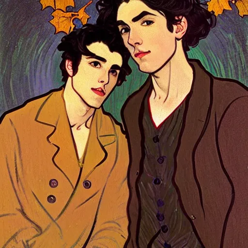 Image similar to painting of young cute handsome beautiful dark medium wavy hair man in his 2 0 s named shadow taehyung and cute handsome beautiful min - jun together at the halloween! party, bubbling cauldron!, candles!, smoke, autumn! colors, elegant, wearing suits!, delicate facial features, art by alphonse mucha, vincent van gogh, egon schiele