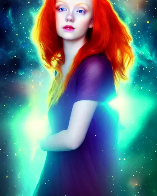 Image similar to space astral portrait of a beautiful girl, red hair, ginger hair, fantasy, glowing skin, smooth face, perfect eyes, half body shot, tarot card