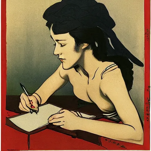 Image similar to portrait of mascha kaleko ( 1 9 4 0 ) writing poems, color hanafuda oil on canvas by ivan shishkin, james jean and yoji shinkawa