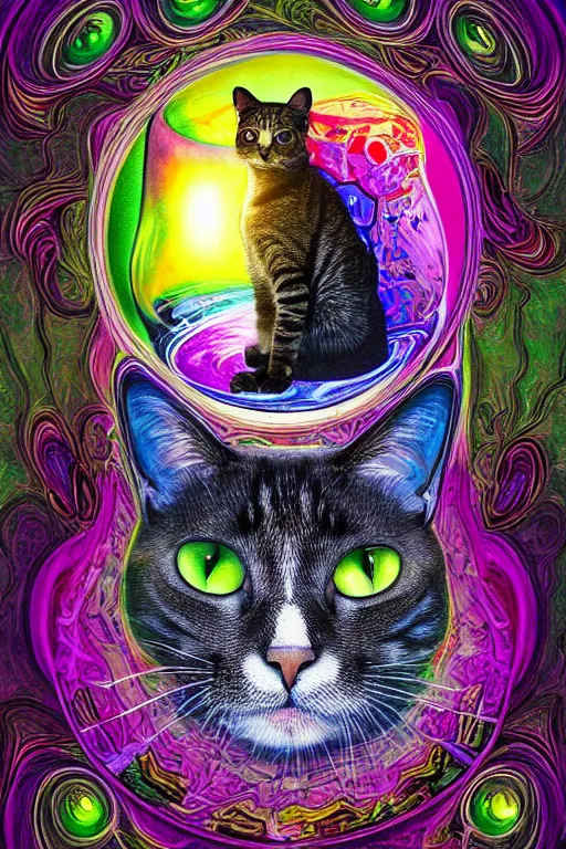 Image similar to portrait of a cat inside a light bulb, modern fine art, dreamscape, intricate, elegant, subsurface scattering, highly detailed, pop art painting, organic acrylic flow art, psychedelic fractal art, acrylic art, watercolor, featured on deviantart, cgsociety