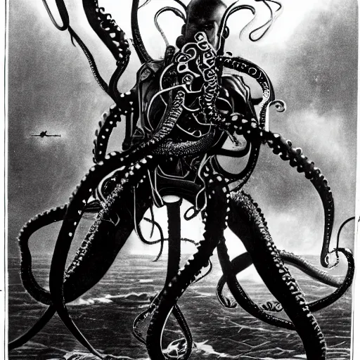 Image similar to old black and white photo, 1 9 1 3, depicting bruce willis in combat armor with guns, shooting biomechanical octopus, historical record, tentacles around