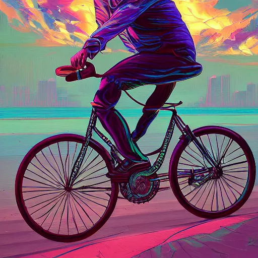 Prompt: a beautiful painting of a very detailed gangster riding a bike by dan mumford, beeple, trending on artstation, vapourwave